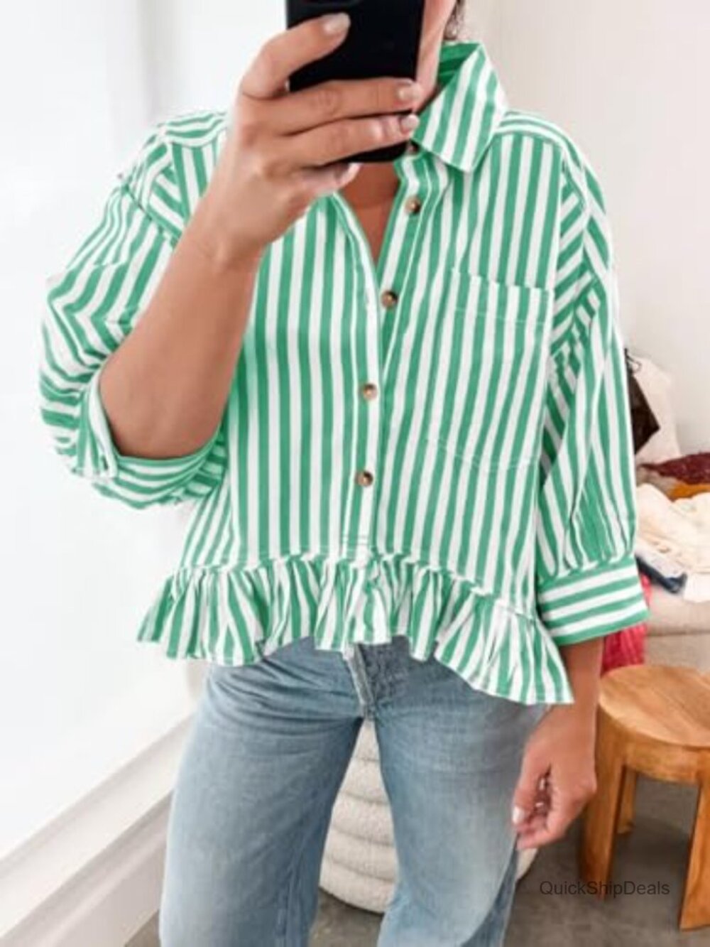 Cropped Striped Button Down Shirt Ruffle 3/4 Sleeve Blouse - Picture 2 of 7
